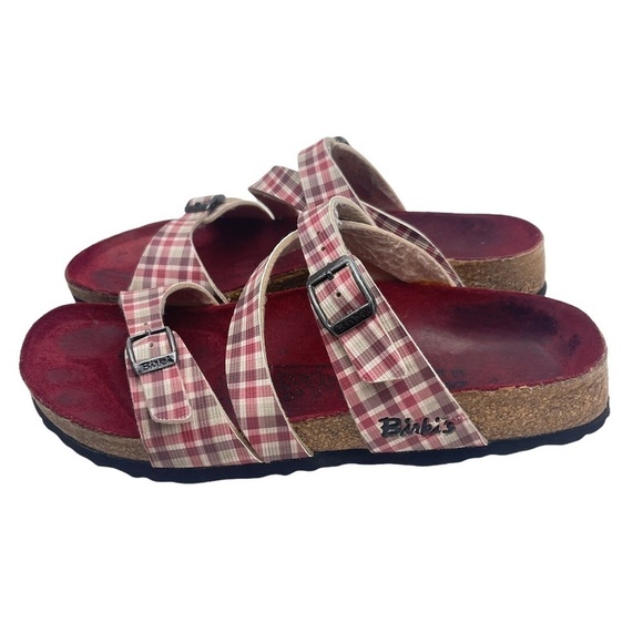 𝅺Birki’s Birkenstock Red Plaid Print Slide Sandals Women’s Size EU 37 US 6 - Picture 4 of 11